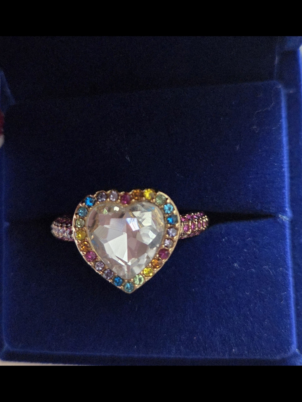 Kurt Geiger Heart Ring with Clear Center and Rainbow Accents Size 7
